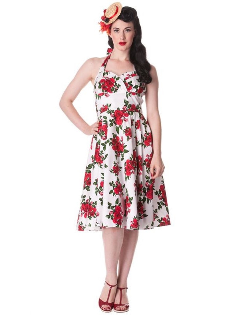 Hell Bunny Vixen Red Rose Floral White Halter Party Dress